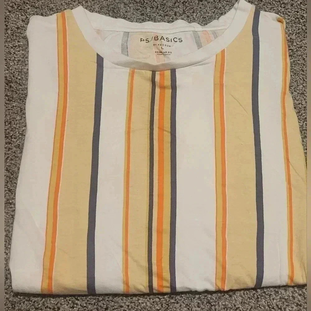 PACSUN men basic striped t-shirt, Size LARGE, white, orange, navy, cream stripe